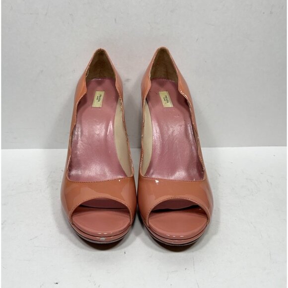 Prada Open Toe Heels Scalloped Edge Patent Leather Platform Pumps Women’s 10 40 - Picture 2 of 9
